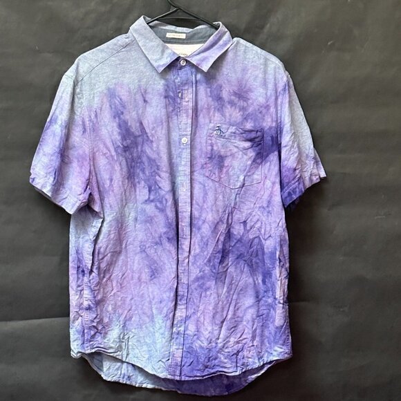 Original Penguin Chambray Denim Blue Shirt Short Sleeve  Size Large Tie dye OOAK - Picture 1 of 5